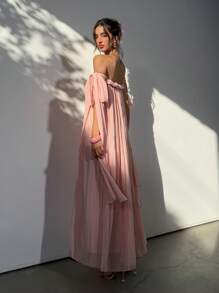 Aloruh Women's Spring & Summer Vacation Bohemian Off Shoulder Flowy Chiffon Pleated Rope Bowknot Sleeveless Loose A-Line Maxi Dress, Pink - Coral Pink - View 3