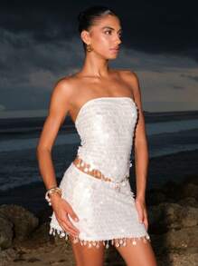 Opulessa 度假风女士纯色亮片串珠不对称下摆上衣，适合夜店、性感优雅派对、毕业典礼、舞会、奢华晚宴、性感夜店、美人鱼风、波西米亚风、伊比沙岛风、西部风等场合。 - 杏色 - 查看 6