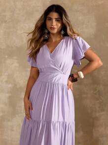 Roveilla Plus Size Women V-Neck Ruffle Trim Waisted Dress, Romantic, Elegant, High Quality, Long Length - Purple - View 7