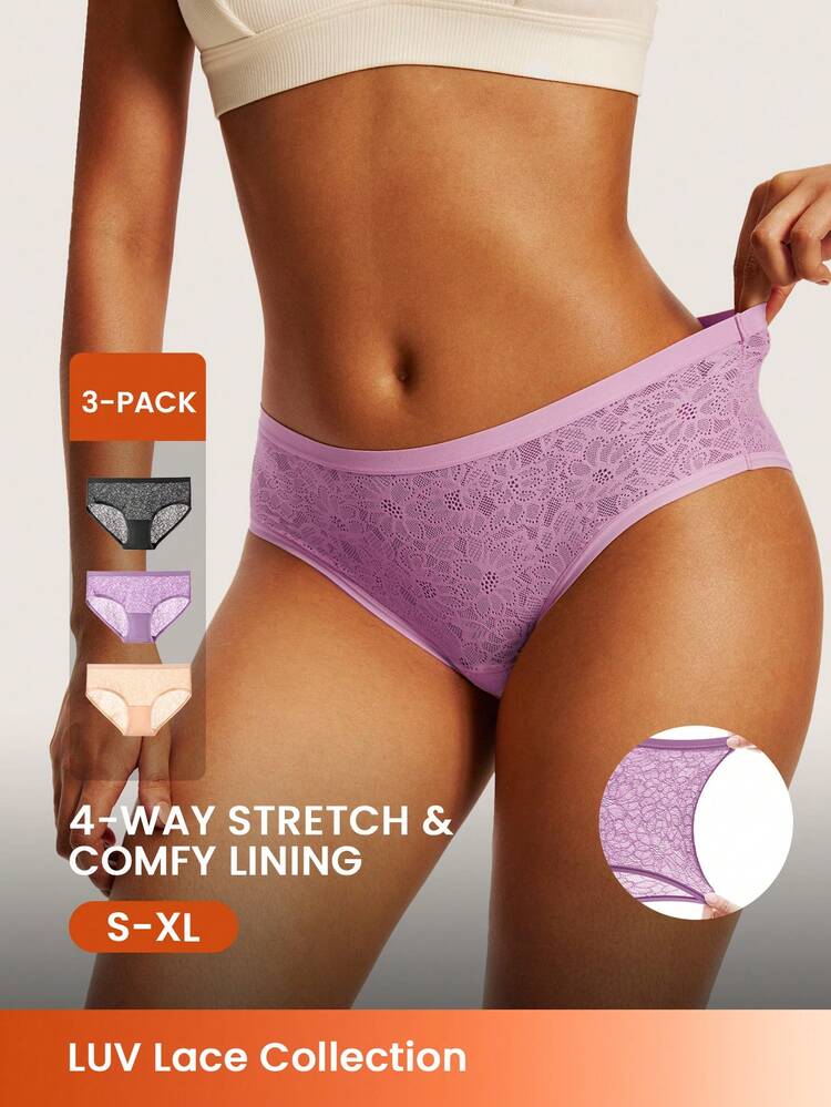 3-Pack Mid-Waist Stretch Lace Briefs