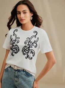 Anewsta 女士白色珍珠刺绣短袖休闲针织T恤 - 白色 - 查看 6