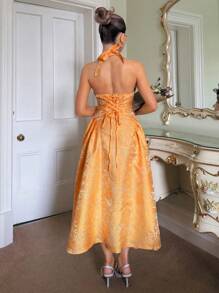 Glamine Charm 复古3D压花花卉V领无袖A字裙女装 - 橘色 - 查看 2