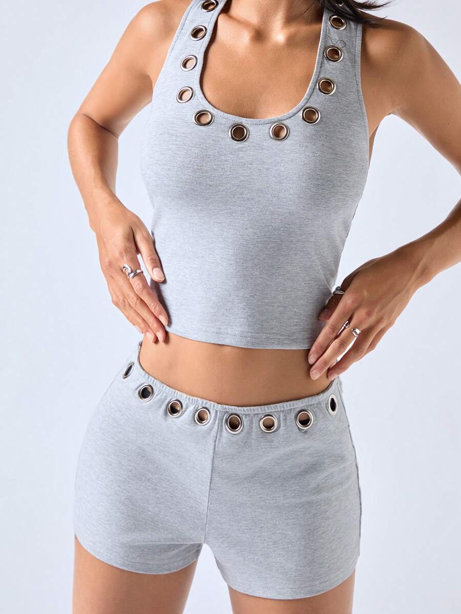 LYSMO Set de 2 piezas - Top sin espalda sexy y shorts para mujer, ideal para el verano - Gris Claro - Ver 1