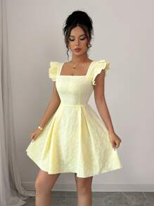 LanaWest Váy ngắn chữ A tay lửng cổ vuông màu vàng phong cách Pháp mùa mới, họa tiết hoa, cao cấp cho mùa hè - Vàng nhạt - Xem 5