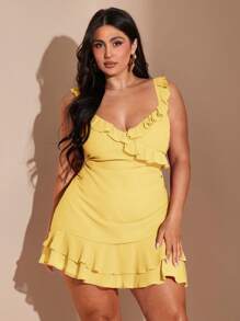SHEIN BAE Plus Size Women's Elegant Romantic Sexy V-Neck Sweet Cute Versatile Date Night Red Ruffle Hem Mini Dress, Casual Short Dress For Beach Vacation Party,Flowy Dress - Yellow - View 1