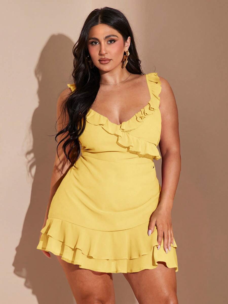 SHEIN BAE Plus Size Women's Elegant Romantic Sexy V-Neck Sweet Cute Versatile Date Night Red Ruffle Hem Mini Dress, Casual Short Dress For Beach Vacation Party,Flowy Dress - Yellow - View 1