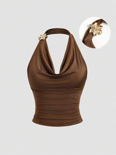 Sweetra Brown French Design Draped Neck Ruching Waist Vintage Aesthetic Summer Camisole Top For Women