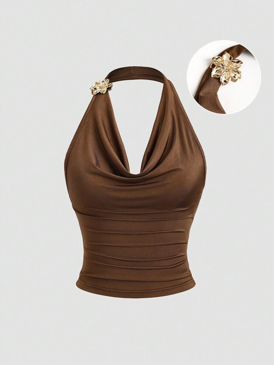 Sweetra Brown French Design Draped Neck Ruching Waist Vintage Aesthetic Summer Camisole Top For Women