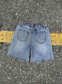 SHEIN 青少年男孩时尚休闲 Y2k 复古十字刺绣口袋阔腿宽松休闲牛仔长短裤，适合夏季度假音乐会街头穿着，柔软舒适，适合日常穿着，也适合青少年男孩春夏锐舞节和海滩穿着，Y2k 十字刺绣短裤 - 藍色 - 查看 2