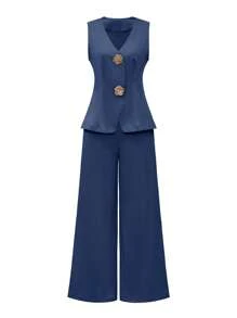 Selianne Bộ đồ vest công sở thanh lịch cổ chữ V màu trơn và quần ống rộng thường ngày cho quý cô - Màu xanh hải quân - Xem 7
