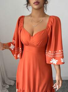 Mulvari Đầm in họa tiết thời trang tay bèo nhún cho kỳ nghỉ của phụ nữ - Màu Cam cháy - Xem 4