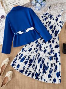 2pcs/Set Tween Girl Floral Print Pleated Slip Dress & Elegant Jacket - Royal Blue - View 2