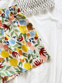 Soleia 女士节日套装：水彩蜡笔印花荷叶边上衣，正面系带，搭配休闲短裤。适合度假、派对、约会、下午茶、海滩 - 可作为外套或叠穿