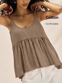 Easelle 女式夏季休闲无袖圆领 A 字形上衣，带有荷叶边和褶皱拼接设计