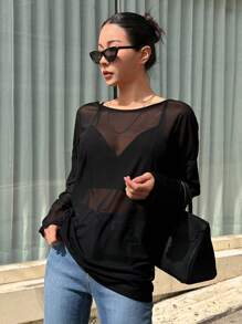 DAZY Solid Drop Shoulder Sheer Mesh Top Without Bra,Ladies Casual Drop Shoulder Round Neck Regular Fit Black Plain Women Tops,Spring/Fall,Party/Nightclub Outfits Going Out Tops Festival Long Sleeve Women Tops - Black - View 4