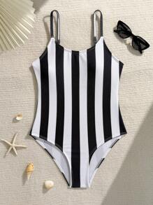 Lunivi Bañador de una pieza con estampado de rayas y tirantes ajustables para niñas, hecho de tela de chifón con burbujas, adecuado para vacaciones, playa, surf y natación