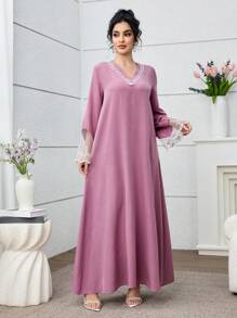 Al Najma 蕾丝刺绣拼布长款粉色连衣裙，保守的日常风格 - 玫紅色 - 查看 5