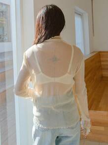 DAZY Lettuce Trim Mock Neck Mesh Top Without Bra Going Out Tops Sheer,Back To School Clothes