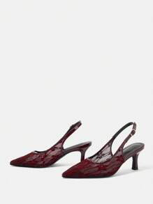 CUCCOO HITCHD 女士刺绣蕾丝尖头猫跟中跟优雅浪漫酒红色网纱蕾丝高跟凉鞋，伴娘礼服鞋，婚礼、派对、万圣节 - 酒紅色 - 查看 8