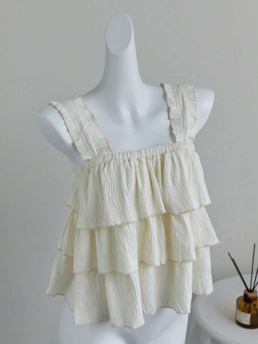 Elamini Top sin tirantes con textura de tela y detalles de volantes, estilo vacacional dulce, para primavera y verano - Beis - Ver 1