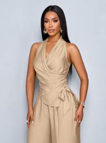 SOLERSUN Set de 2 piezas de top sin mangas con pliegues y nudo a los lados talla grande pantalones de pierna ancha de unicolor para mujeres - Caqui - Ver 6