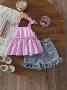 SHEIN Vintaside Kids Babygirls 夏季两件套服装 - 红色吊带上衣搭配樱桃刺绣牛仔短裤，适合外出、休闲装、轻运动和欢乐派对时光 - 紫色 - 查看 1