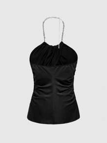 ROMWE Áo yếm hở lưng xếp nếp ren vá Y2K gợi cảm - màu đen - Xem 2