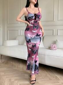 Modelyn 女士时尚渐变色蝴蝶印花无袖长裙，夏季 - 彩色 - 查看 5