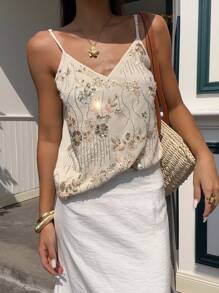Serisse 新款夏季女士亮片刺绣吊带背心，适合锐舞派对、音乐节、伊比沙岛等场合，串珠上衣，女士花卉亮片性感优雅吊带背心，夏季 - 杏色 - 查看 1