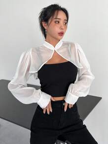 DAZY Áo crop top tay phồng cổ trụ dáng rộng không có áo hai dây, Áo dài tay cho nữ mặc khi trở lại trường, Quần áo mùa thu cho nữ - trắng - Xem 1
