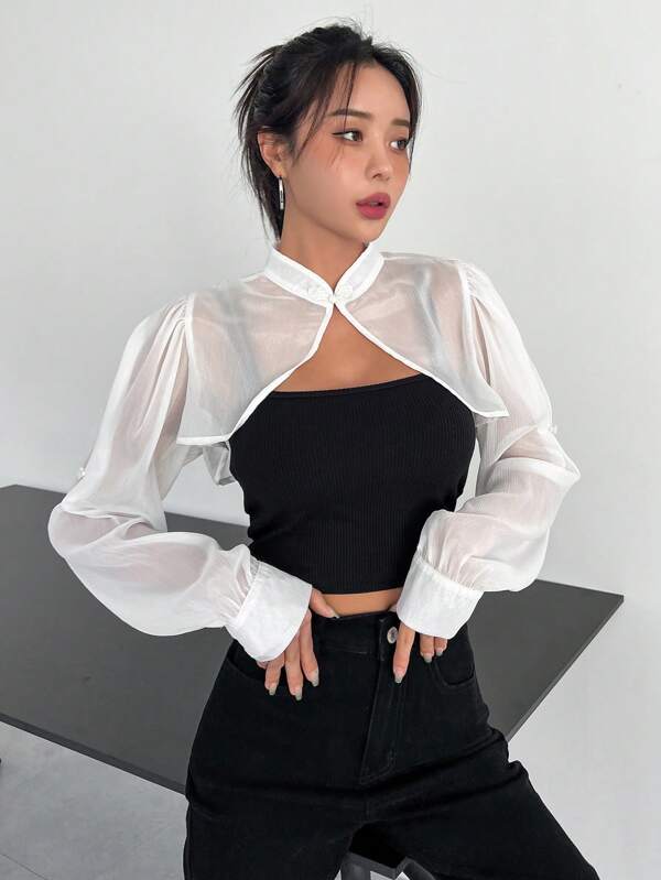 DAZY Mandarin Collar Puff Sleeve Super Crop Top Without Cami Top Sheer