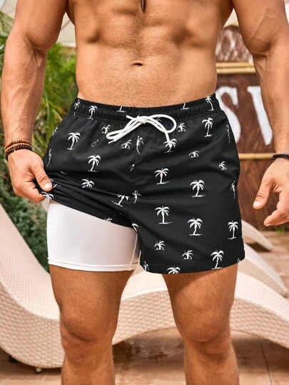 Zalmeno 男士休闲椰子树印花沙滩短裤，夏威夷风