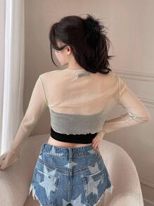 DAZY Solid Twist Front Crop Mesh Top Without Tube Top Sheer Top Going Out Tops,Beach Outfits,Back To School Clothes Long Sleeve Women Tops,Fall Women Clothes - Beige - View 6