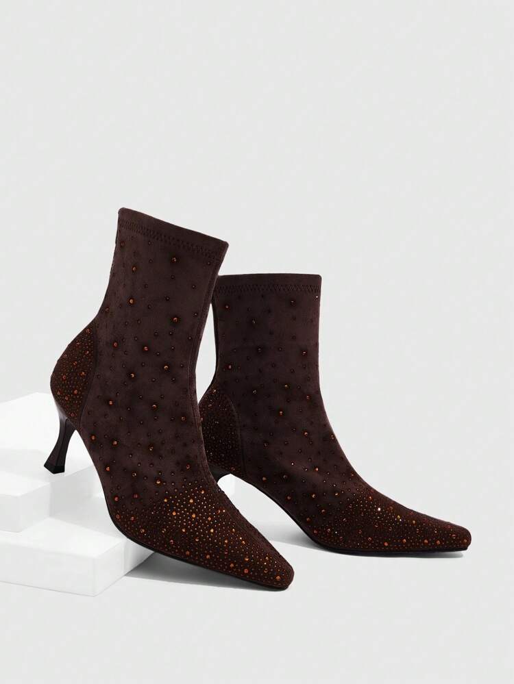 CUCCOO SZL Bottes à talons hauts et bout pointu pour femme, décorées de strass,  noir, à la mode et confortables, idéales au quotidien ou en soirée, avec fermeture éclair au dos.