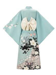 Irokai Japanese Women Traditional Print Kimono Yukata Pajamas, Summer Festival Japanese Women's Traditional Floral Print Green Yukata Bowknot Yukata (Modified Japan Style Kimono Robe), Easy Wearing