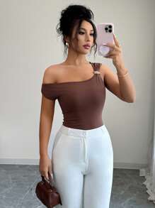 Elenzga Women Asymmetric Collar Solid Color Top, Summer Fashion - Brown - View 1