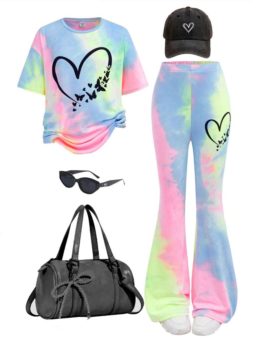 Conjunto de camiseta de cuello redondo de manga corta raglan holgada con estampado de corazón y mariposa efecto tie-dye y pantalones acampanados de punto para niñas preadolescentes, estilo de moda callejera informal