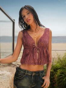 Easelle 夏季编织金银丝绸上衣紫色图案热辣女孩休闲游牧波西米亚风