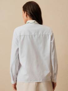 Anewsta Fashionable Commute Versatile Colorblock Embroidered & Rhinestone Detail Women Blouse - Black and White - View 2