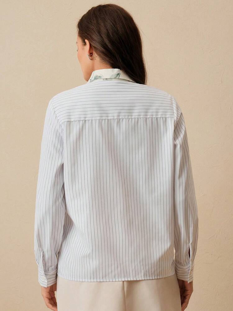 Fashionable Commute Versatile Colorblock Embroidered & Rhinestone Detail Women Blouse