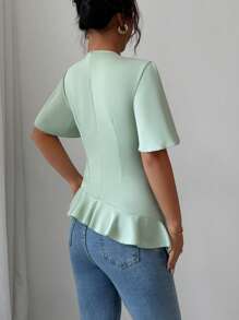 Elenzga Blusa/camisa de mujer de verano de seda de color verde claro, con elegante diseño de volantes asimétricos y cintura fruncida - Verde - Ver 2