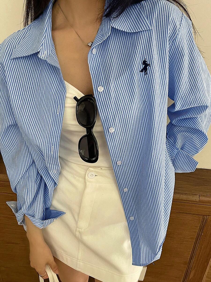 DAZY 女式休闲通勤条纹刺绣蓝色衬衫长袖上衣