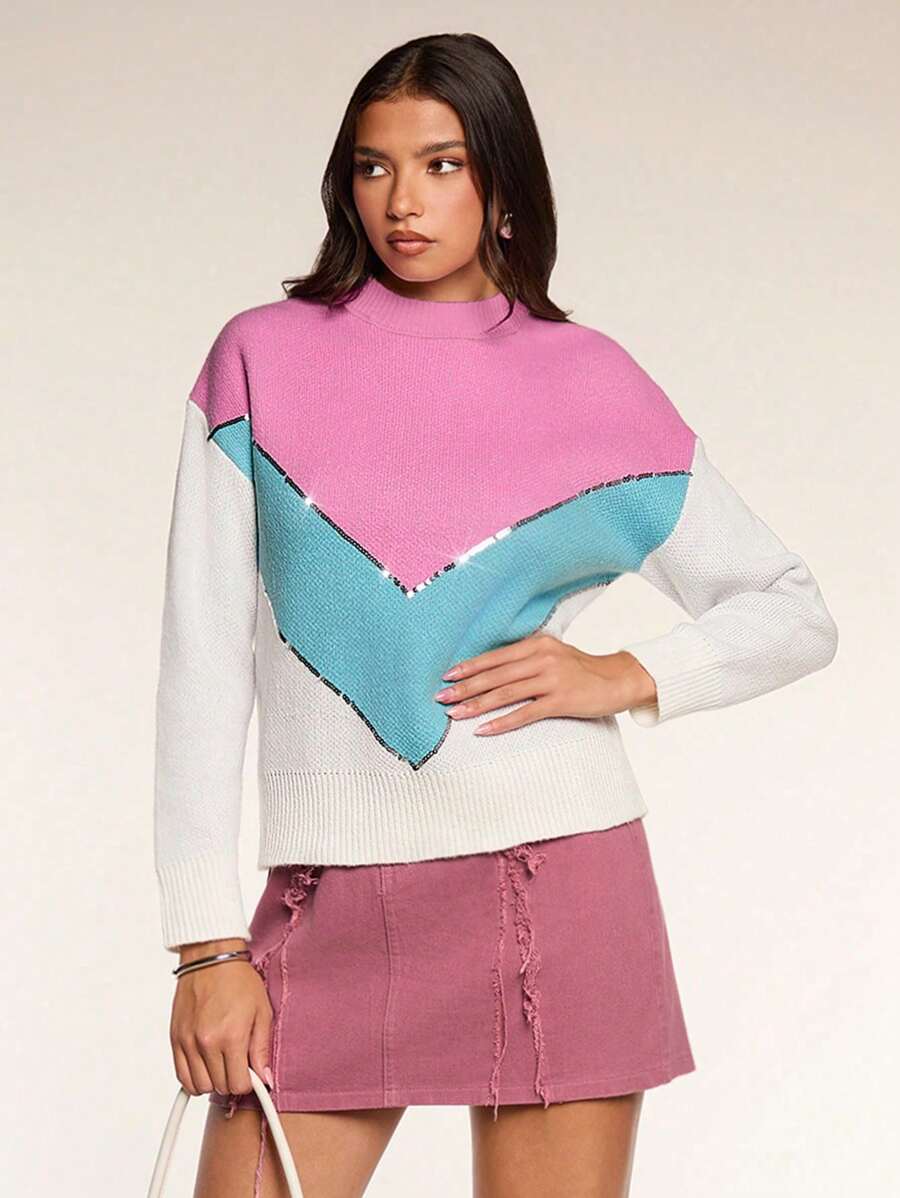 Chiquease Áo len nữ cổ tròn dáng rộng, phối màu tương phản, thêu đính sequin, thích hợp cho mùa thu đông. - trắng - Xem 1