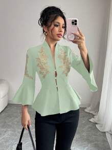 Rafferiza Casual Elegant Versatile Daily V-Neck Waist Ruffle 3/4 Bell Sleeve Black Blouse For Women, Spring/Summer