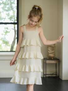 SHEIN Tween Girls' Summer Elegant Ruffle Hem Butterfly Decor Dress