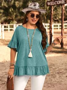 EMERY ROSE Áo thun tay ngắn màu trơn cỡ lớn, thoải mái và thời trang để mặc hàng ngày, mùa hè, kỳ nghỉ, quà tặng cho mẹ, phong cách Bohemian, nghỉ xuân, tiệc tùng, đồng quê, mùa thu, mùa thu, mùa thu - Màu xanh ngọc - Xem 3