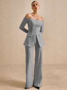 Poéselle 秋冬女士时尚露肩纽扣西装外套和裤子套装 - 灰色 - 查看 4