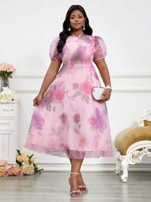 SHEIN Lady Vestido Body con contraste de cuello, manga globo y malla, de punto morado, elegante para oficina y uso diario, tallas grandes, vestidos elegantes de mujer, ropa de verano elegante, ropa de primavera
