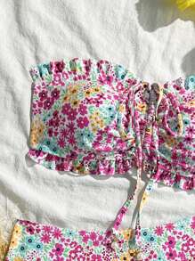 SHEIN Swim 女士海滩夏季休闲可爱碎花荷叶边抹胸泳衣套装，配珍珠吊坠抽绳比基尼 - 彩色 - 查看 3