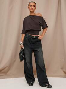 SHEIN BAE Áo phông đen lệch vai bất đối xứng thường ngày, đa năng để mặc hàng ngày, hẹn hò, trà chiều, tụ tập với bạn bè, phù hợp cho nhiều dịp khác nhau - Cà phê nâu - Xem 3